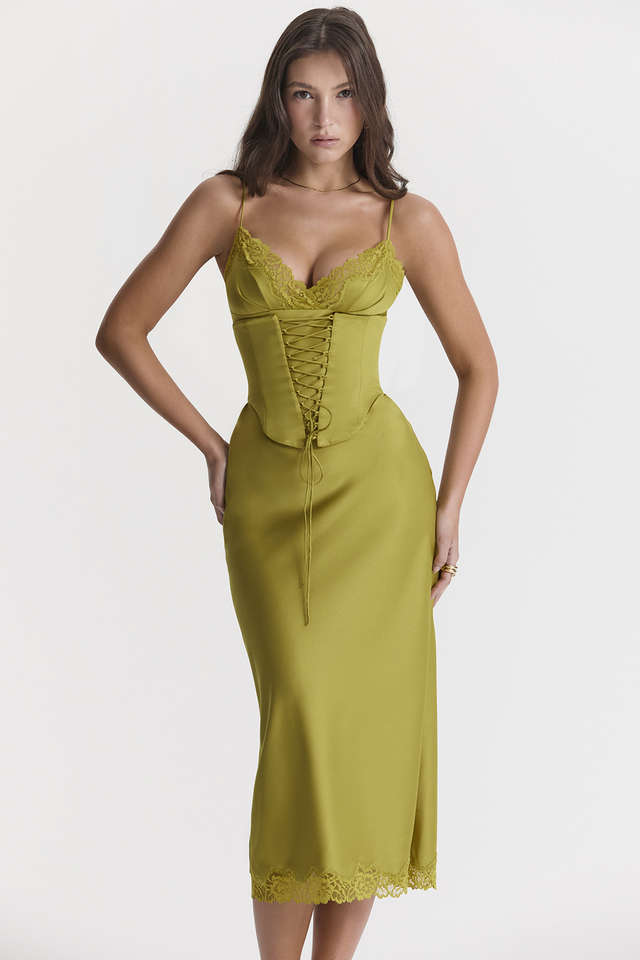 'Salma' Chartreuse Satin Slip Dress